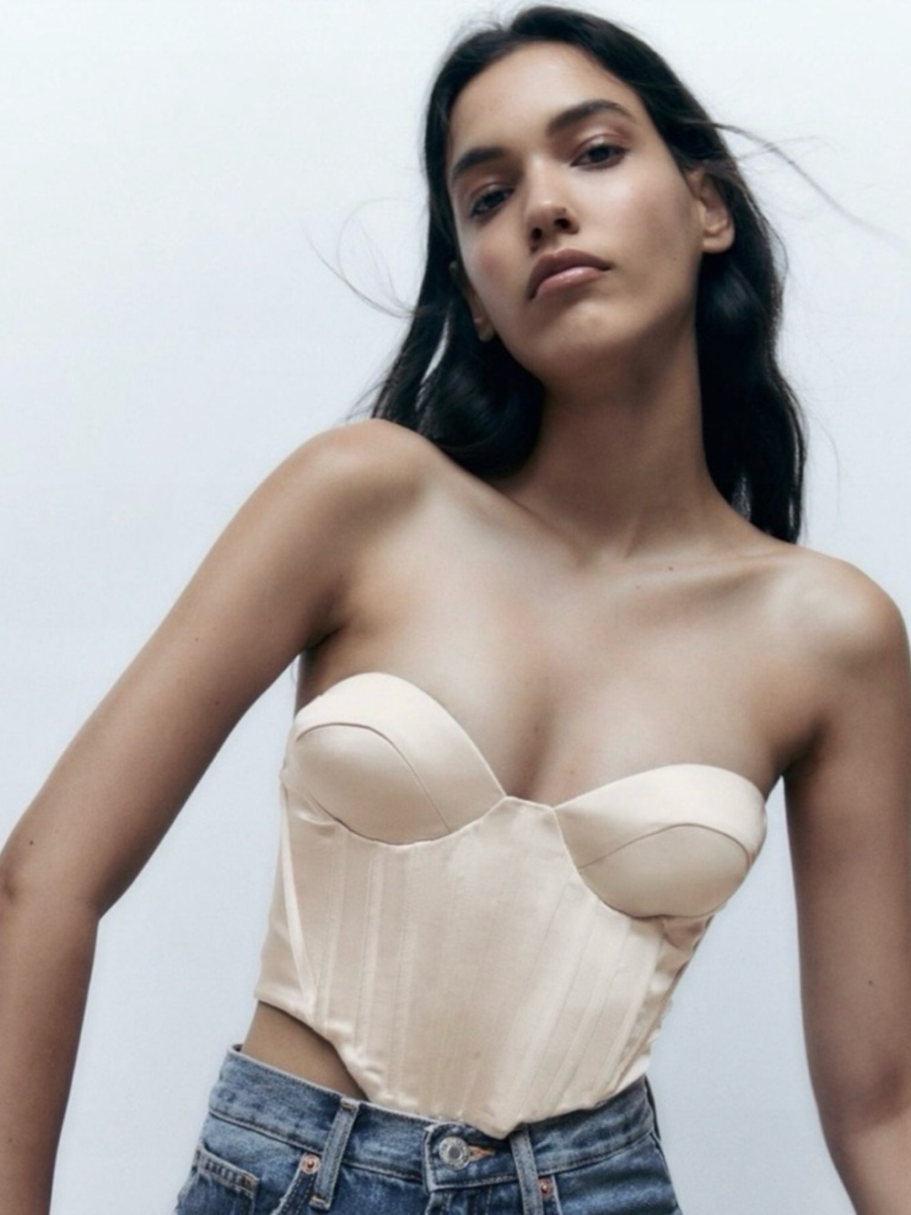 Zara Strapless Satin Bustier Top in Nude